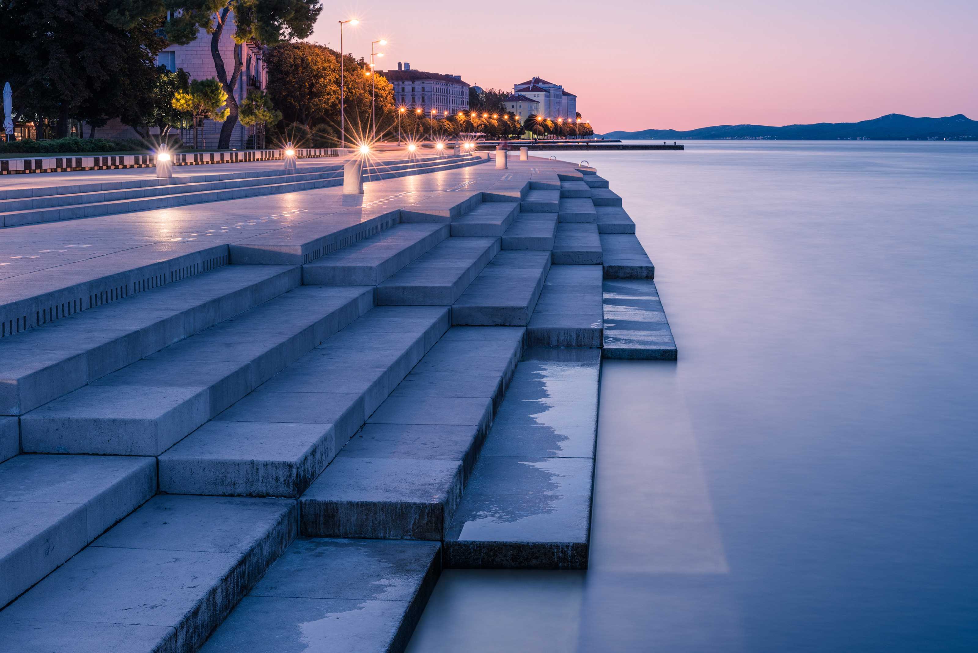 Sea Organ promenade and Zadar waterfront at dusk